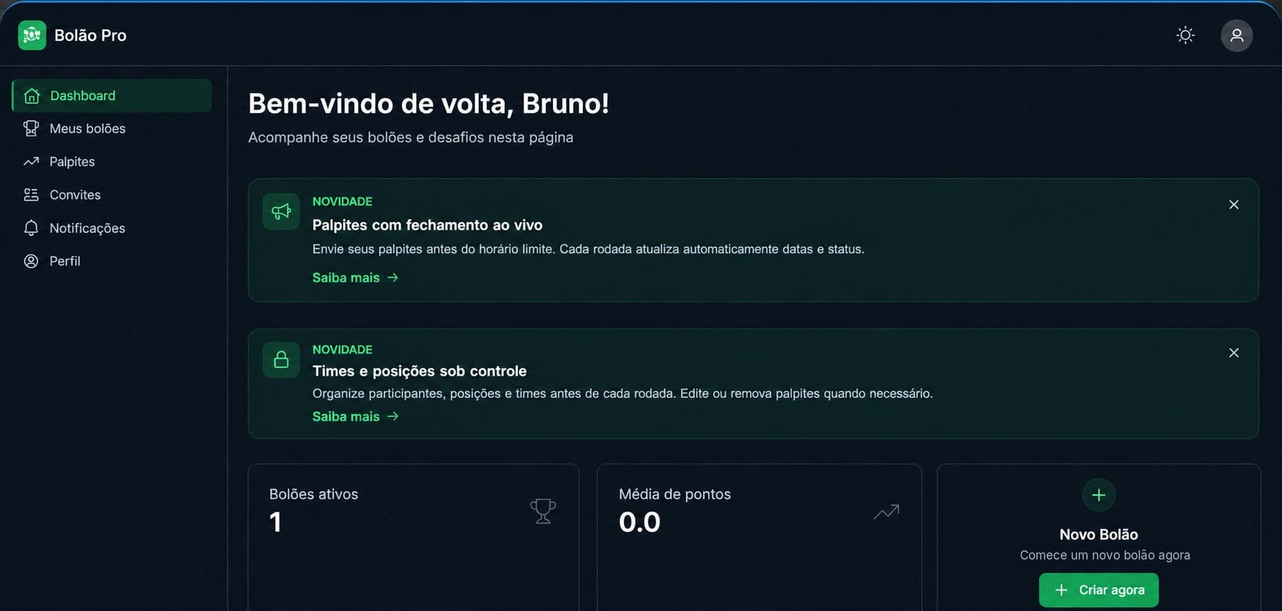 Tela do Bolão Pro com ranking e jogos