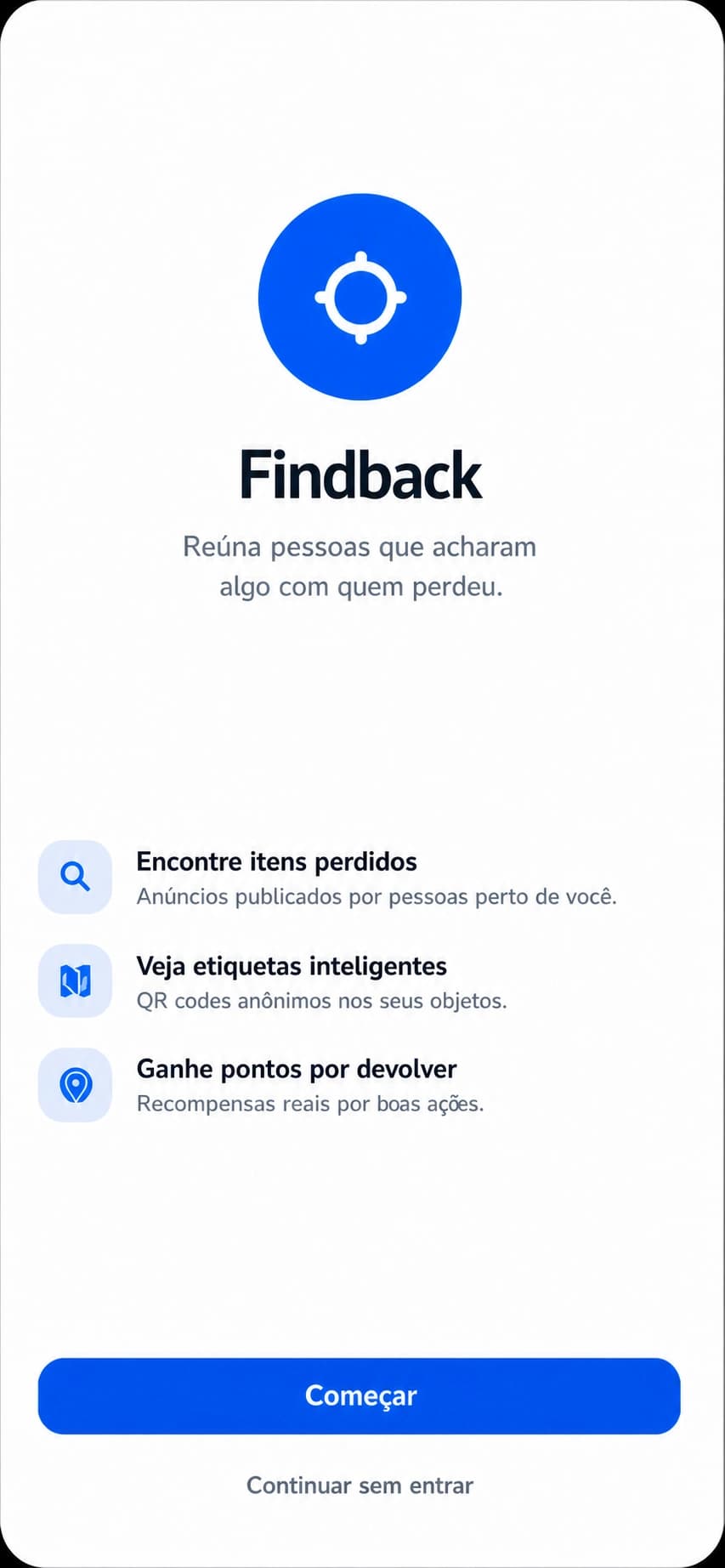 Tela inicial do Findback, aplicativo de achados e perdidos