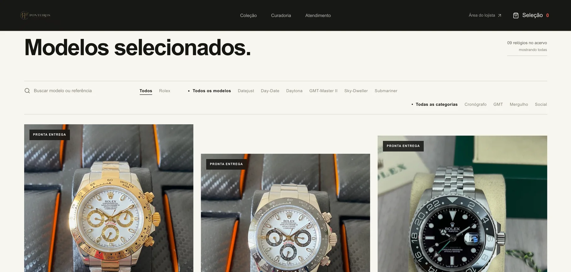 Coleção do Ponteiros Premium com busca, filtros por marca e modelo e relógios com selo de pronta entrega