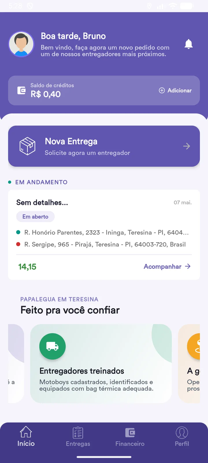 Tela inicial do aplicativo do cliente, com saldo, botão de nova entrega e pedido em andamento