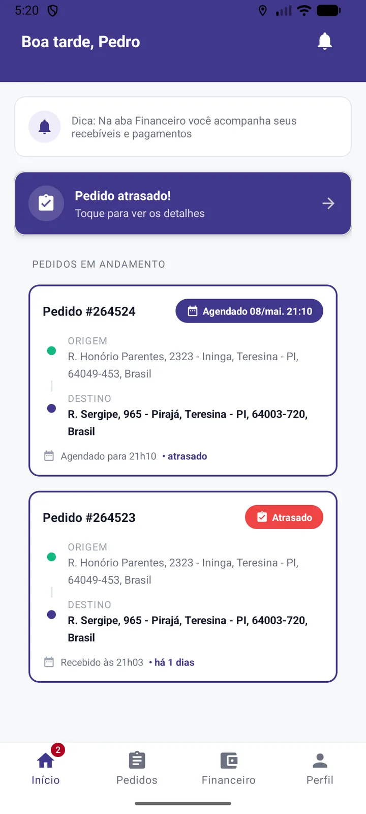Painel inicial do aplicativo do entregador, com corridas disponíveis