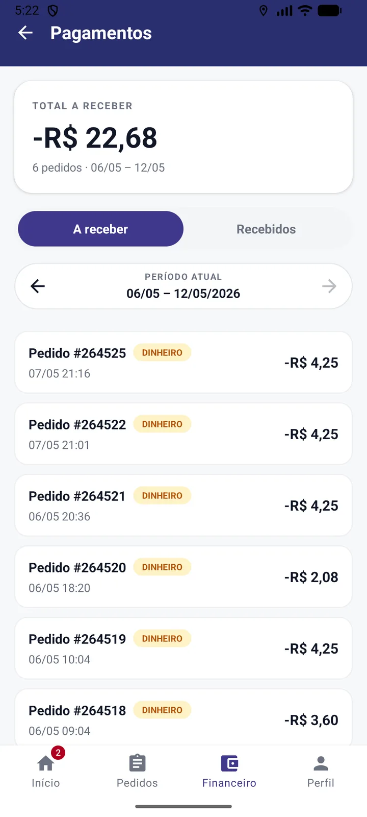 Aba financeira do aplicativo do entregador, com repasses e fechamento
